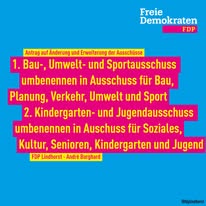 Der bisherige Bau-, Umwelt- und Sportausschuss soll um die Bereiche Planung und Verkehr erweitert werden. Der Kindergarten- und Jugendausschuss soll künftig auch Senioren sowie soziale und kulturelle Themen stärker einbeziehen.