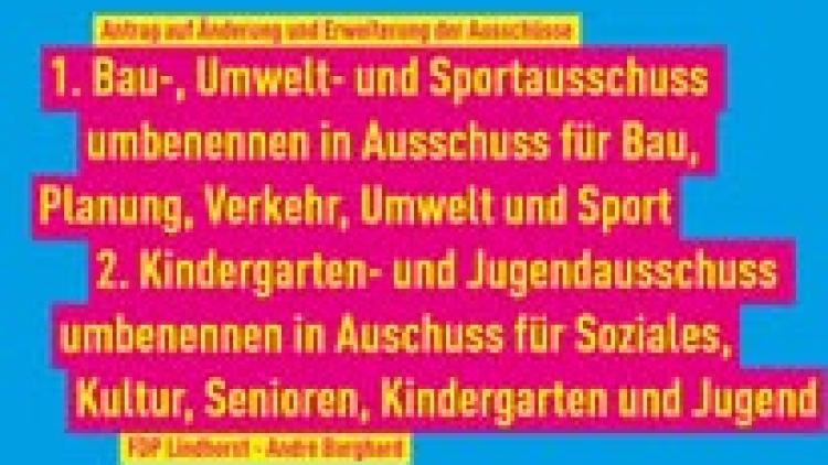 Der bisherige Bau-, Umwelt- und Sportausschuss soll um die Bereiche Planung und Verkehr erweitert werden. Der Kindergarten- und Jugendausschuss soll künftig auch Senioren sowie soziale und kulturelle Themen stärker einbeziehen.