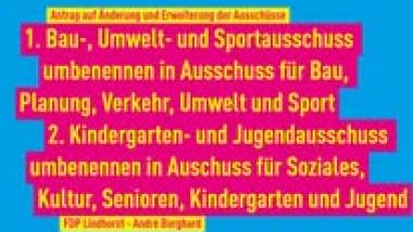 Der bisherige Bau-, Umwelt- und Sportausschuss soll um die Bereiche Planung und Verkehr erweitert werden. Der Kindergarten- und Jugendausschuss soll künftig auch Senioren sowie soziale und kulturelle Themen stärker einbeziehen.